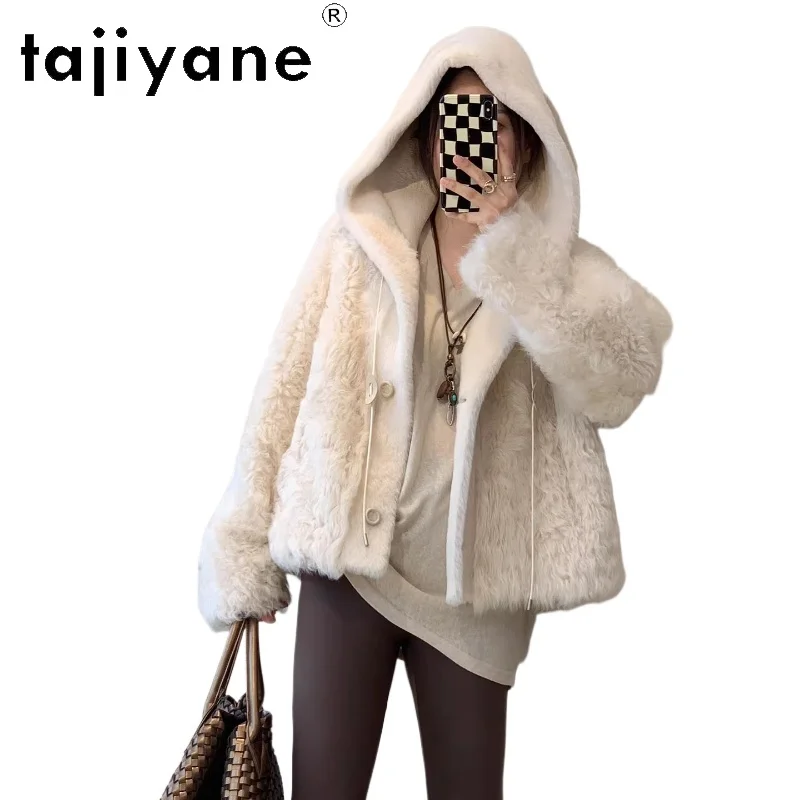 TAJIYANE Real Tuscany Sheepskin with Wool Attached Jacket Women Short Fur Jackets Hooded 2025 New in Coats Winter Woman Clothing