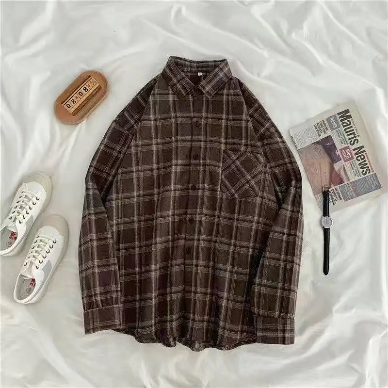 Zoki Vintage Women Plaid Shirts Spring Summer Long Sleeve Oversize Button Up Blusas Korean Fashion Loose Casual Tops