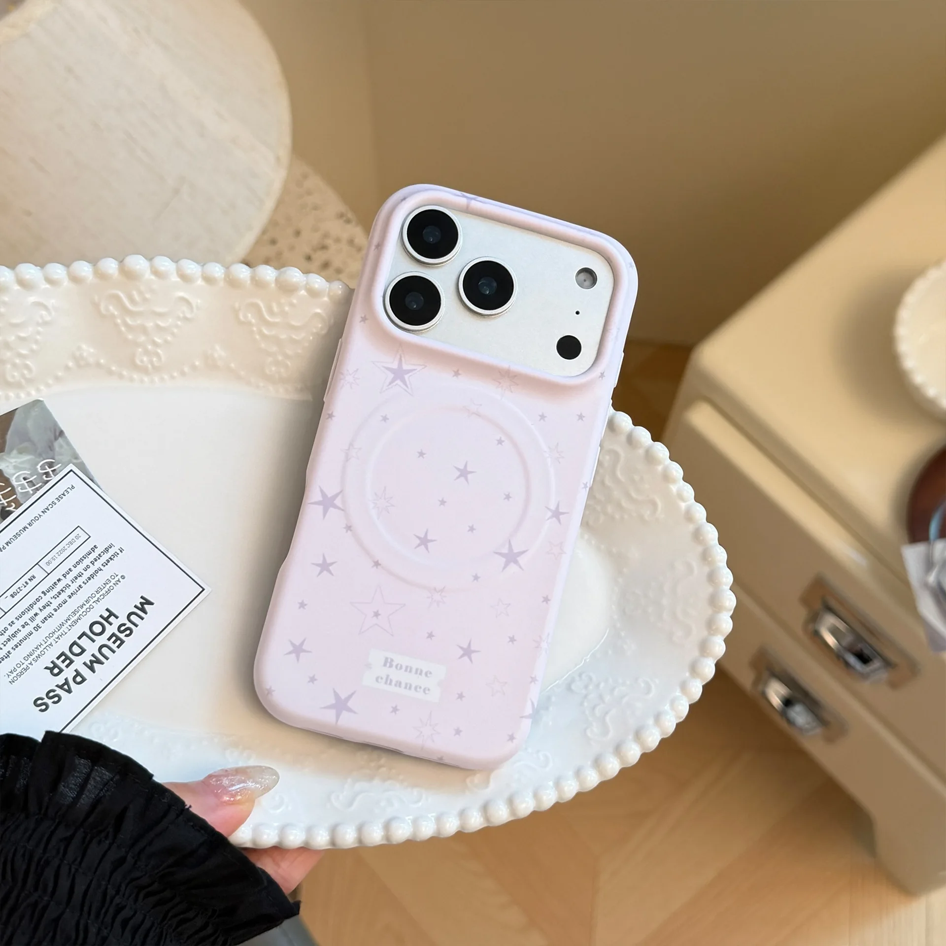 Korean Purple Stars Fold Love Heart Magnetic Bracket Phone Case for iPhone 17 16 15 14 Pro Max Shockproof Protective Soft Cover view 5