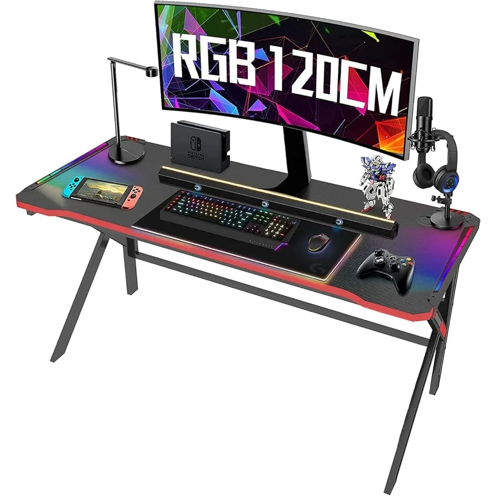 Gaming Desk with LED Lights, Ergonomic Home Office Tables PC Study Desks, K-Shaped Carbon Fiber Surface Computer Desk