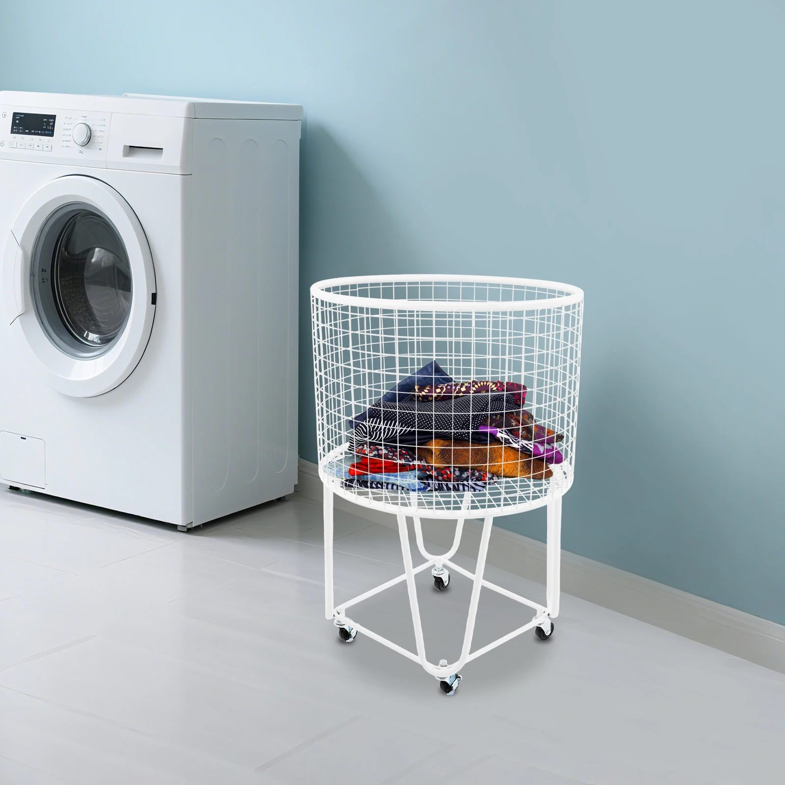 

Laundry Hamper with 4 Wheels,Deep Round 43*30*65cm,Steel,white,Rolling Laundry Hamper,laundry basket storage cart
