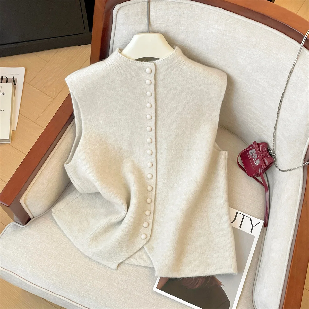 

Korean Style Single Button Knitted Open Cardigan Women's Sleeveless Vest Fashionable Versatile Layering Spring 2025 New Arrival