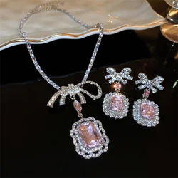 FYUAN Classic Square Pink Crystal Necklace Earrings for Women Bowknot Earrings Wedding Bride Jewelry Sets Accessories