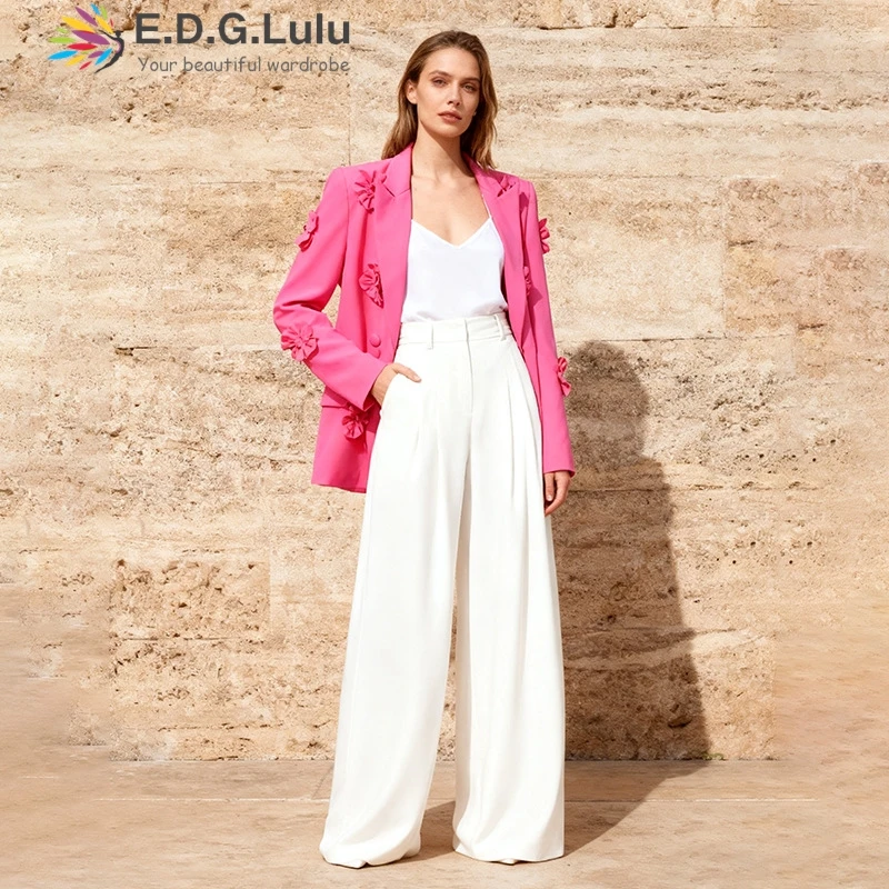 

EDGLuLu Fall 2025 Fashion Woman Turn-Down Collar Long Sleeves Pink Suit Jacket Ladies 3d Flower Splicing Blazer 1027