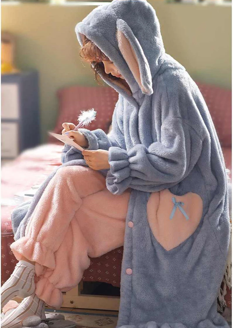 Winter Flannel Hooded Nightgowns Pajamas Set 2022 Thick Warm Cartoon Nightwear Kigurumi Rabbit Lounge Set Princess Sleepwear Set