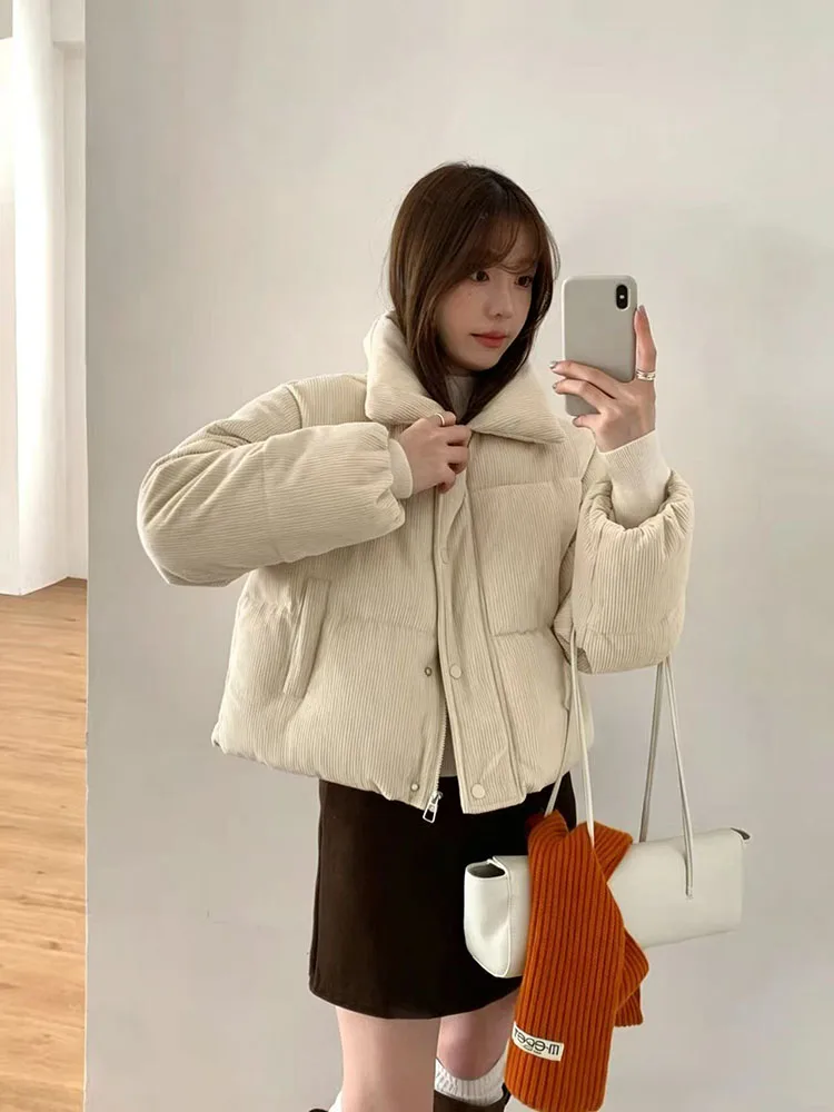 Vintage Corduroy Puffer Coats for Women Winter Thick Warm Lapel Parkas Y2K Korean Loose Preppy All Match Crop Puffer Coat