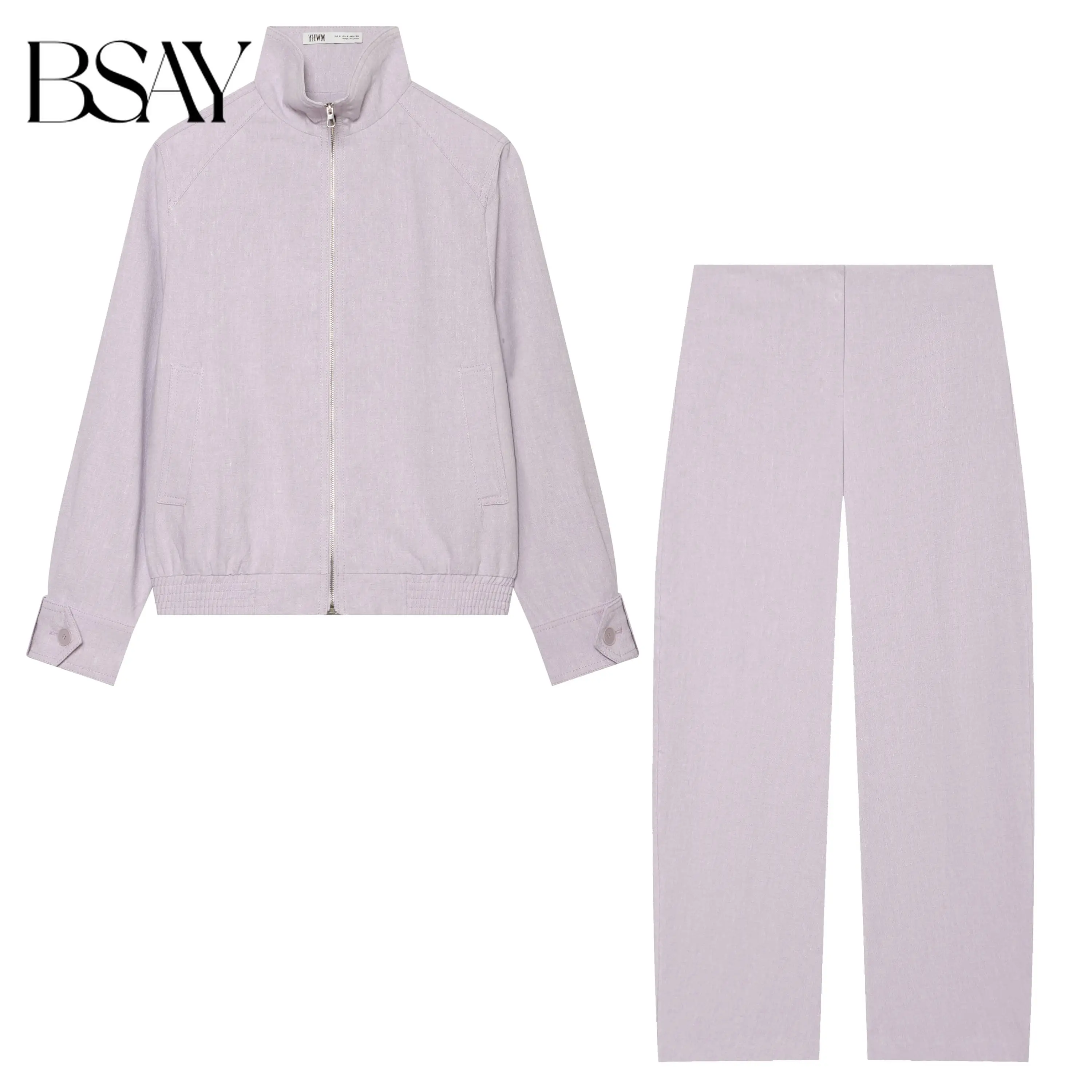 BSAY 2026 Einfarbiges Damen-Set mit Stehkragen und Reißverschlussjacke, Elastischem Saum, Geradem Schnitt und Langer Hose, Lässiges Zweiteiler-Outfit