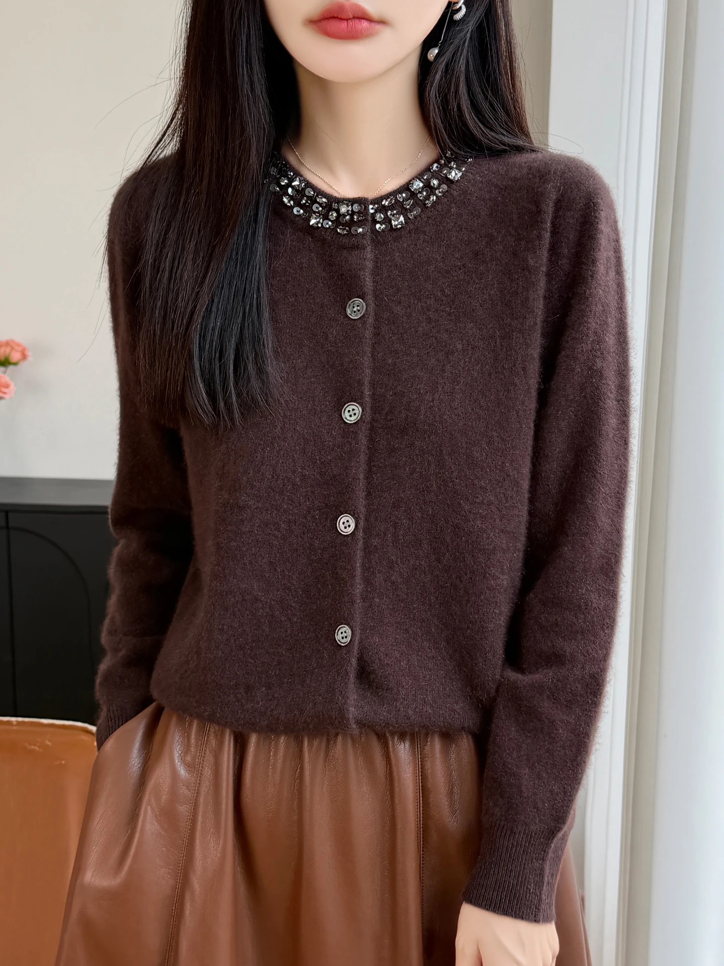 Classic Cardigan Women's 100% Merino Wool Sweater Knitwear Round Neck Diamond Decoration Autumn Winter High Quality Clothing Top