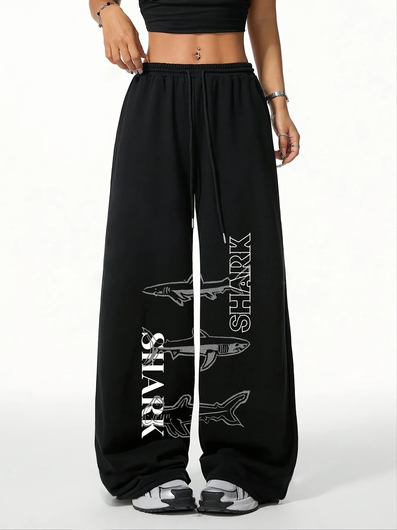 Y2K Wide Leg Sweatpants Shark Animal Graphic Vertical SHARK Letter Print Drawstring Loose Baggy Black Streetwear Casual Trousers