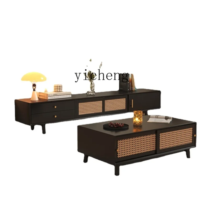 

Tqh Style Solid Wood Rattan TV Cabinet and Tea Table Combination Living Room Home TV Cabinet