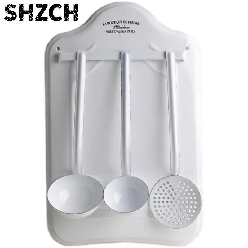 Vintage French Style Kitchen Utensil Set with Wal/l Mount, White Enamel, 3 Pieces, 12x18 inches