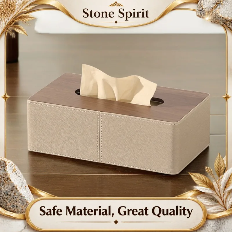 【Premium】AhunderJiaz Light Luxury Walnut Leather Tissue Box Living Room Desktop Household Organizer Home Retro Decoration
