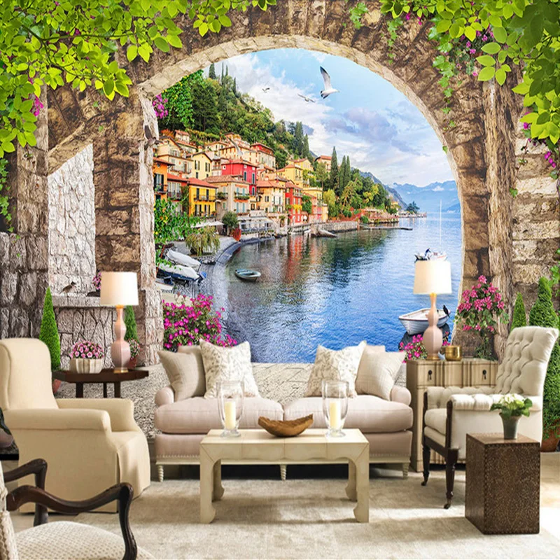 European Style 3D Stereoscopic Arch Small Town Street View Living Room TV Background Photo Wallpaper Cafe Restaurant Decor Mural