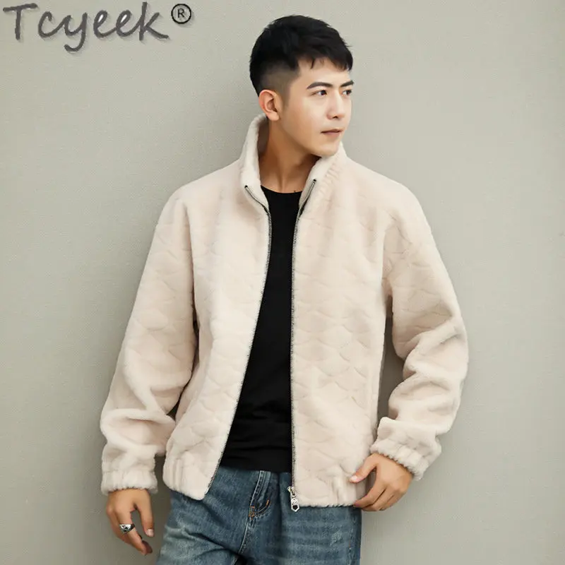 Tcyeek-Casaco de pele real masculino, jaqueta shearling ovelha, grão de pé, casacos de lã, roupa masculina, streetwear, moda, inverno