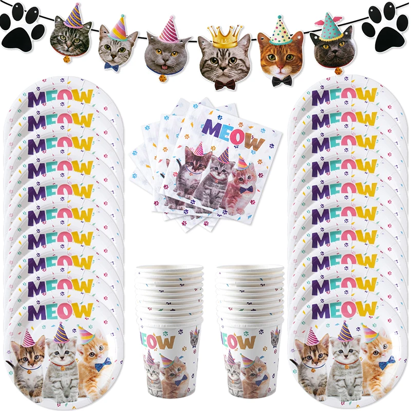 Cat Party Disposable Tableware Set Cute Cat Pattern Paper Plates Cups Tablecloth Banner Cats Theme Kids Birthday Party Decor