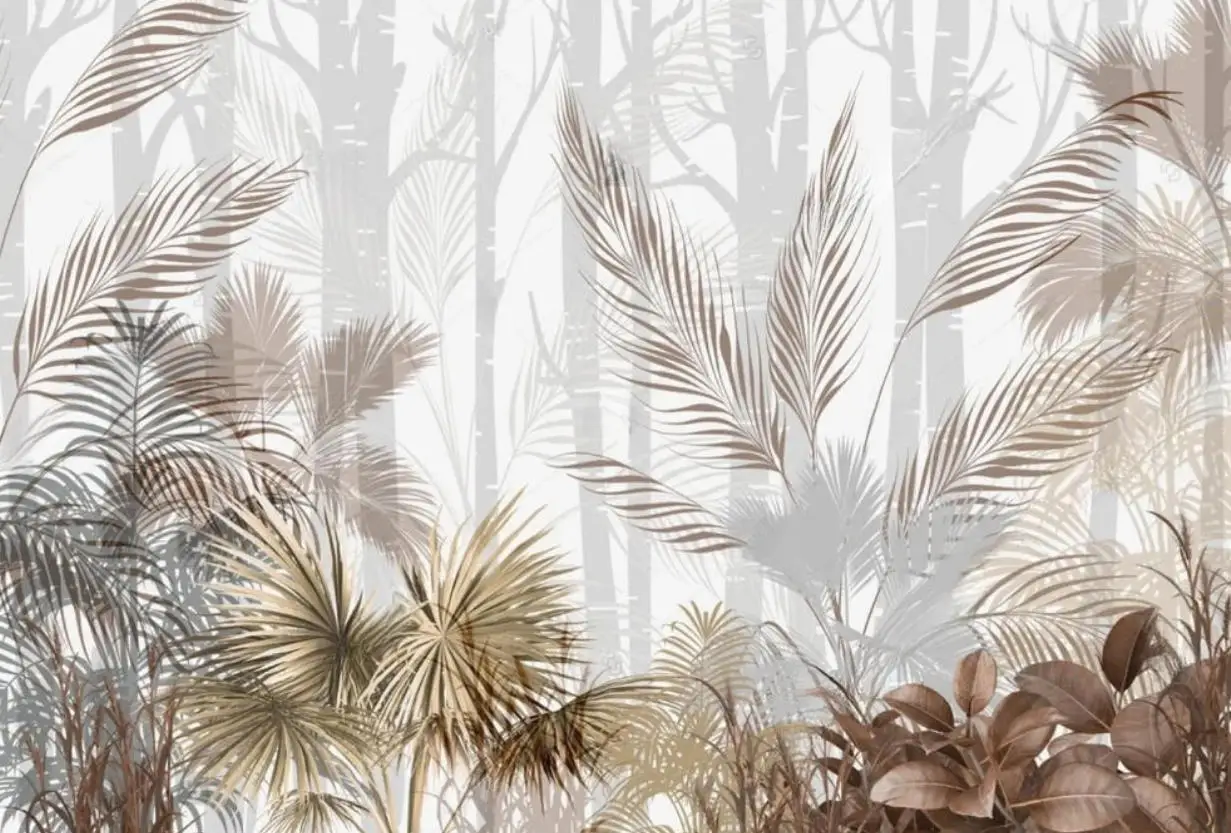 Customized green plant banana leave small fresh wallpaper Nordic hand-painted mural TV background wall wallpaper wall stickers