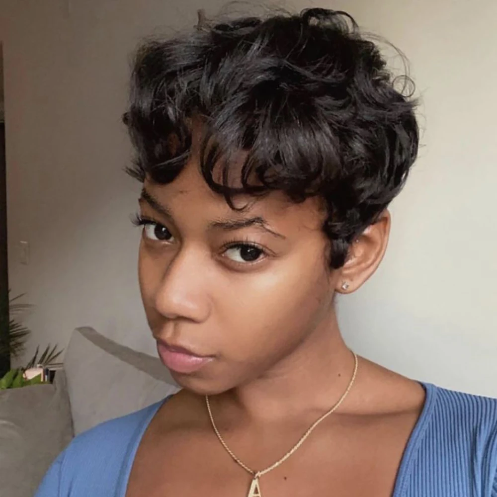 باروكة شعر بشري برازيلي قصيرة مجعدة على شكل بيضة مع غرة منزوعة مسبقًا للنساء مصنوعة آليًا شعر بشري قصير مجعد 100%