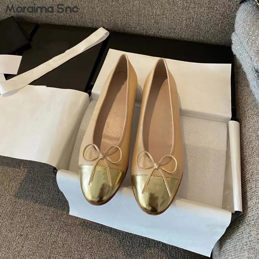 Bow Knot Color Matching Ballet Flats Classic Leather Round Toe Flat Shoes Simple Design Casual Comfortable Fashion Women's Shoes