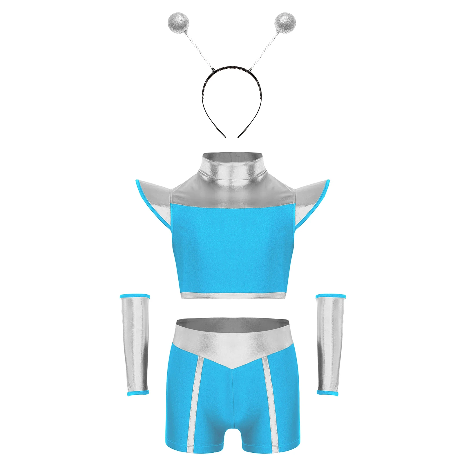 

Children Girls Halloween Outer Space Alien Robot Cosplay Costume Cap Sleeve Crop Top with Shorts Oversleeves Hair Hoop Outfits