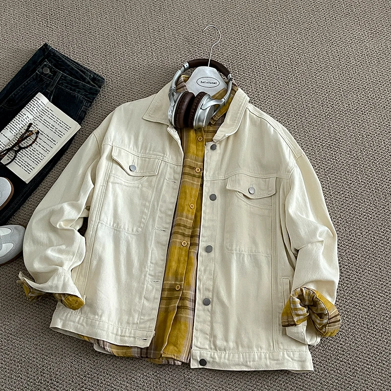 

Women Beige Denim Jacket Turn Down Collar Single Breasted Loose Coat Autumn Winter Versatile Leisure Cardigan Outerwears