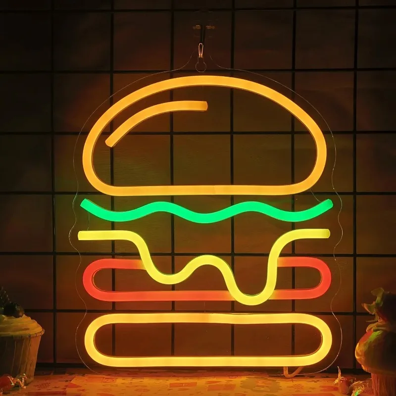 Burger Neon Sign with Layered Cheese LED Light for Fast Food Restaurant Bar Wall Decor Vibrant Home Kitchen Cafe Decor Gift Idea