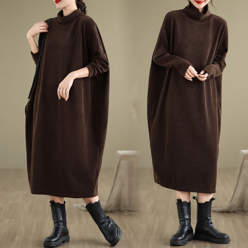 

Autumn Winter High Ne Faion Slimming Casual Long Sve Dr plus Size Color Midi Quali Knitted Dr for Women