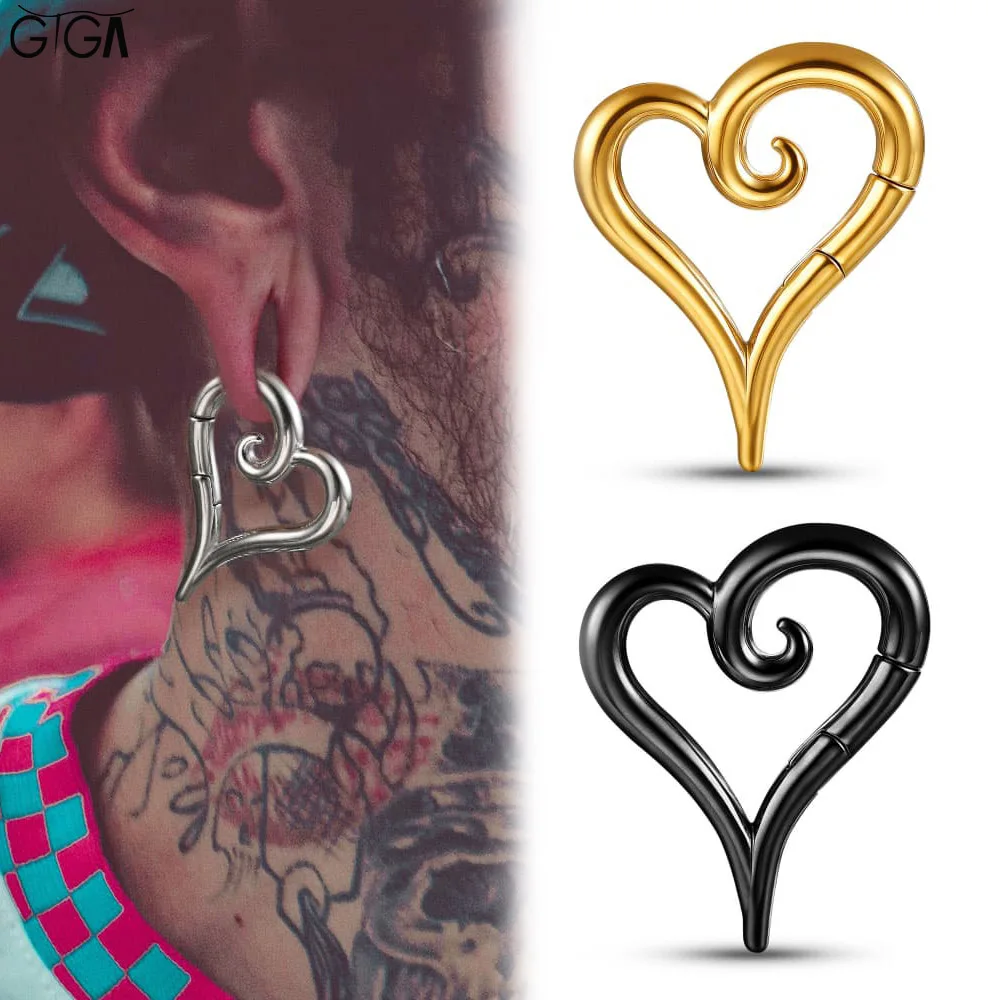 

Giga 2PC Punk Heart Shape Ear Plugs Tunnels for Stretched Ears Gothic Stainless Steel Clicker Hoop Gauges Body Piercing Jewelry