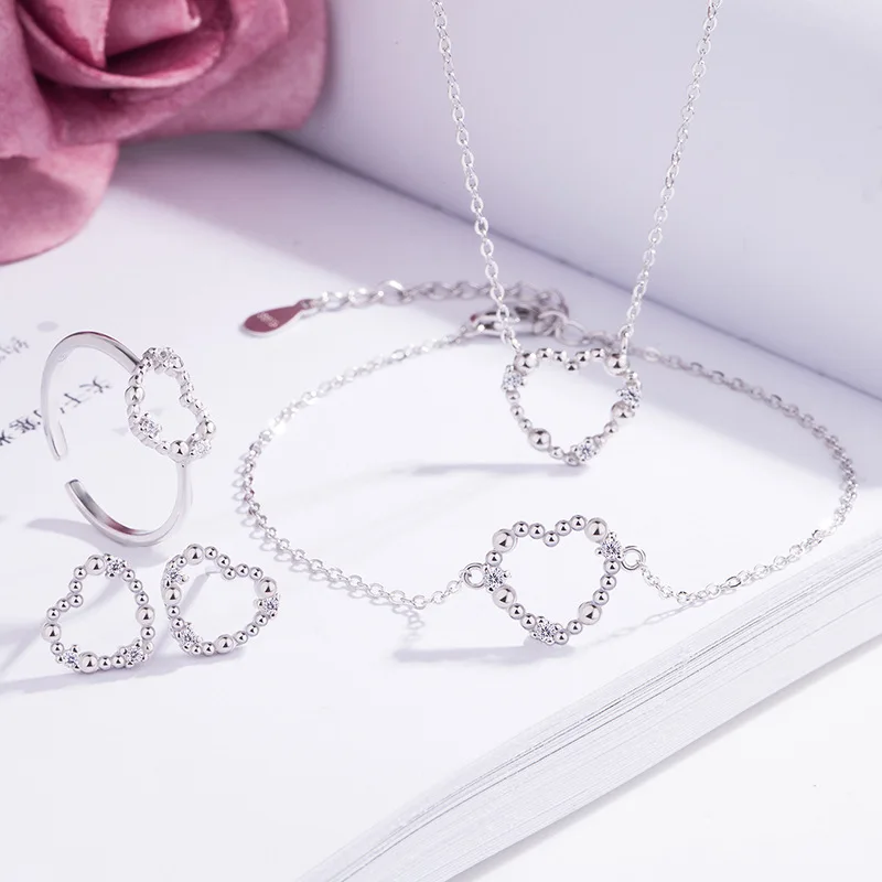 

925 Sterling Silver Simple Love Heart Jewelry Set Rhodium Plated with Zircon Charm Pendants