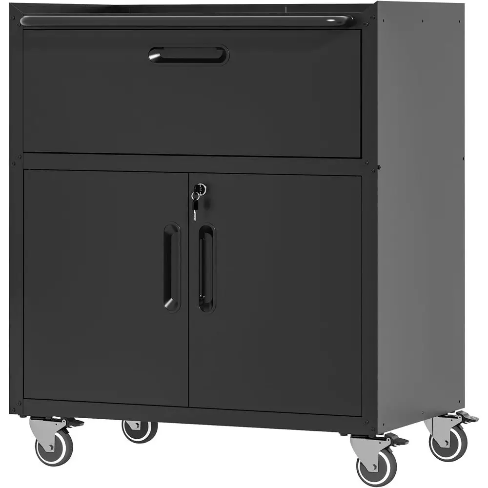 

Черный сверхмощный мобильный шкаф для инструментов с запирающимися дверцами и ящиком для хранения в гараже