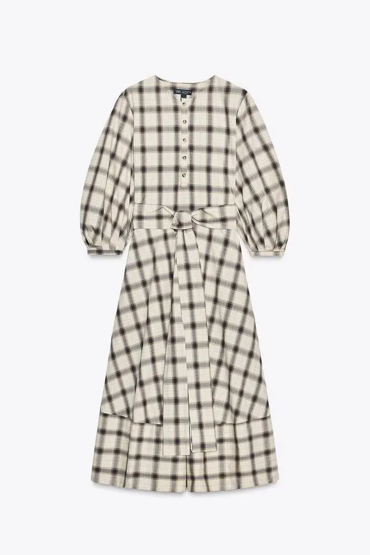 Sukienka koszulowa w kratę z bufiastymi rękawami, damska, codzienna, z dekoltem w serek, krótkie rękawy, sznurowana, zapinana na guziki, długa sukienka, elegancka sukienka do pracy, na ulicę.
