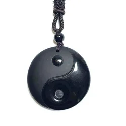 Obsidian Yin and Yang Taiji Bagua Pendant Necklace Nine Words of Truth Lucky Amulet Crystal Jewelry Couple Pairing Holiday Gift