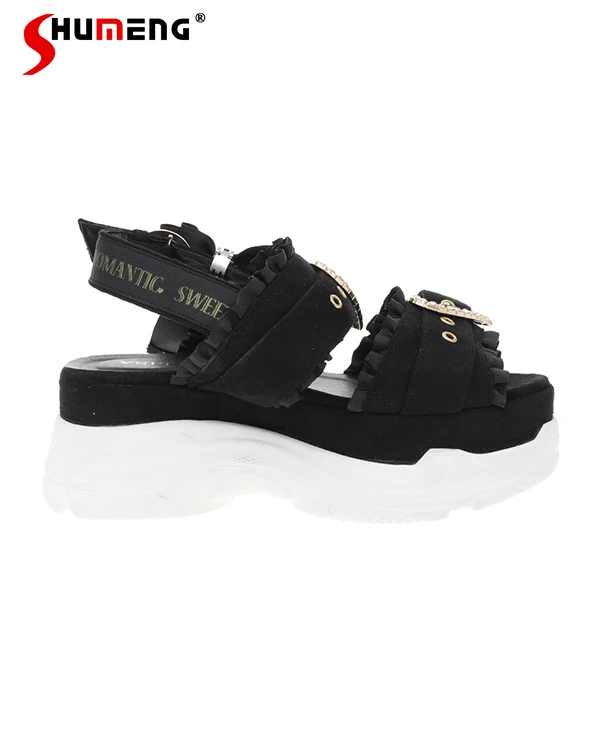 Sweet Cute Summer Sports Sandals Women Japanese Mine Mass-Produced Kawaii Rhinestone Bow Lace Platform Shoes Peep Toe Sandals