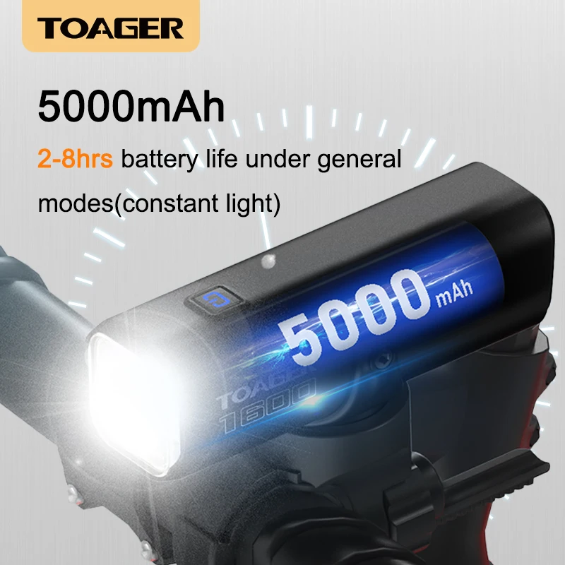 TOAGER Bicycle Light 1600Lumen Front Lamp 5000mAh Waterproof Type-C Rechargeable Power Bank Bicycle Headlight MTB Road Bike