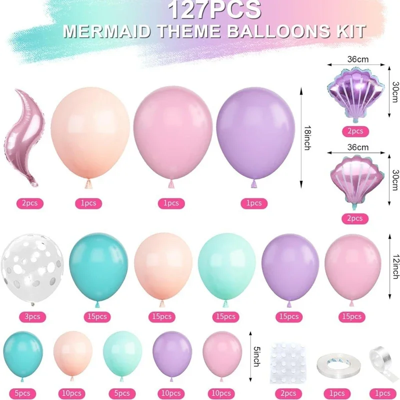 127-teiliges Set mit Meerjungfrau-Ballonbogen und Kranz – Partydekorationen mit Ozeanmotiv | Perfekt für Geburtstagsfeiern mit Unterwasserthema – Detail 1