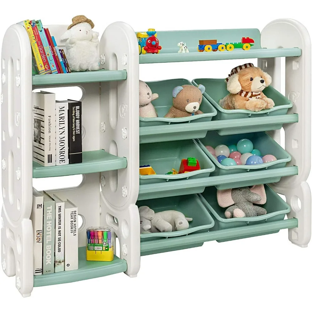 

Costzon Kids Bookshelf with Toy Organizers and Storage, Multi-Purpose 4-Tier Shelf & 6 Removable Plastic Bins to Organize Books