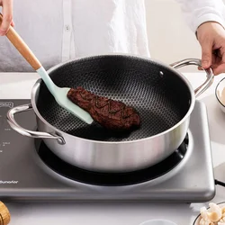 High Quality 410 Stainless Steel Frying Pan Food Grade Honeycomb Nonstick Wok With Double Ears Home induction cooker frying pan