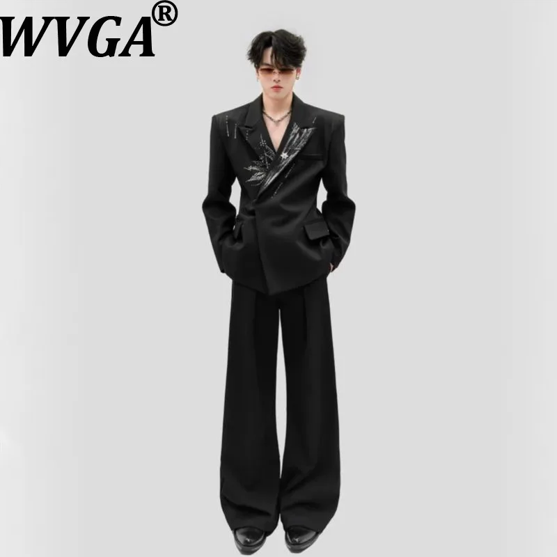 WVGA Spring Autumn New Men Sequined High-end Blazer Waist-cinching Padded Shoulder Niche Casual Pants Two Pieces Sets Ins W27694
