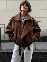 Women Fashion Brown Loose Short Suede Jacket Elegant Lapel Long Sleeves Zipper Belt Coat Autumn Chic Lady High Street Outwears