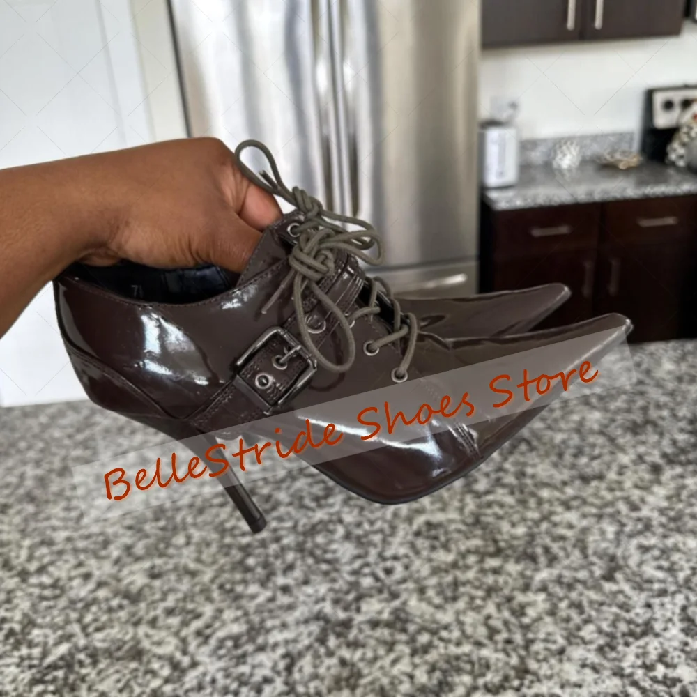 

Grey Pointed Toe Lace up Pumps Side Zipper Patent leather for Women Stilettos High Heels Dinner Party 2025 Zapatos Para Mujeres