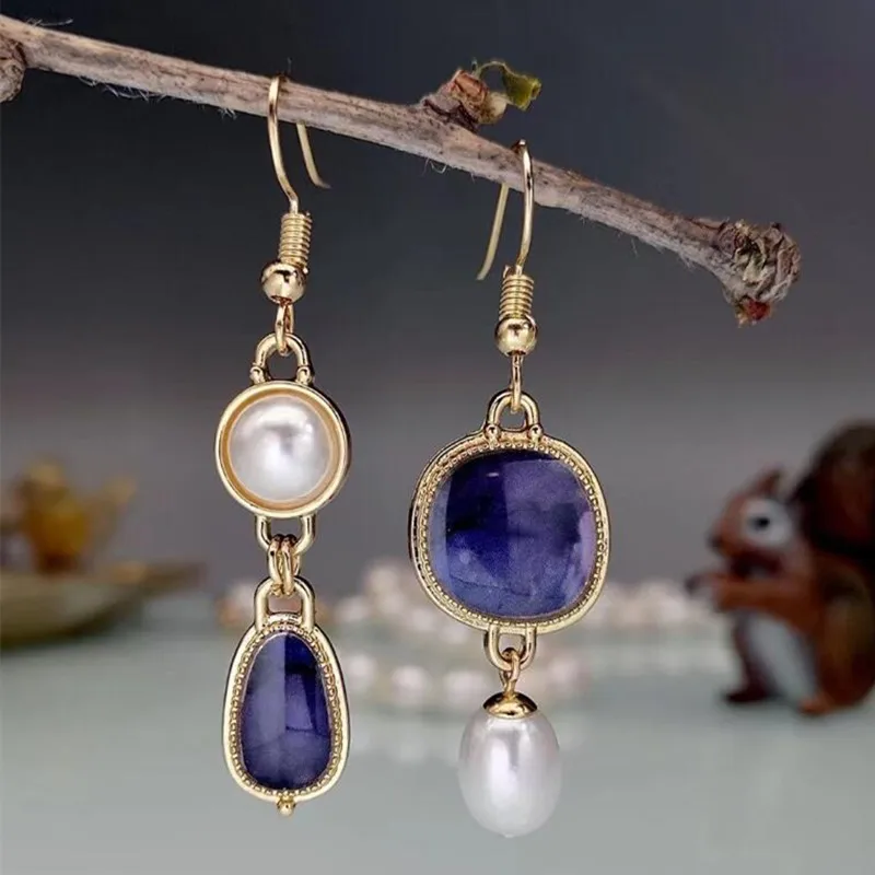 KSRA 2024 New Geometry Fashion Creative Retro Blue Color Agate  Freshwater Pearl Hang Pendant Party Birthday Earrings