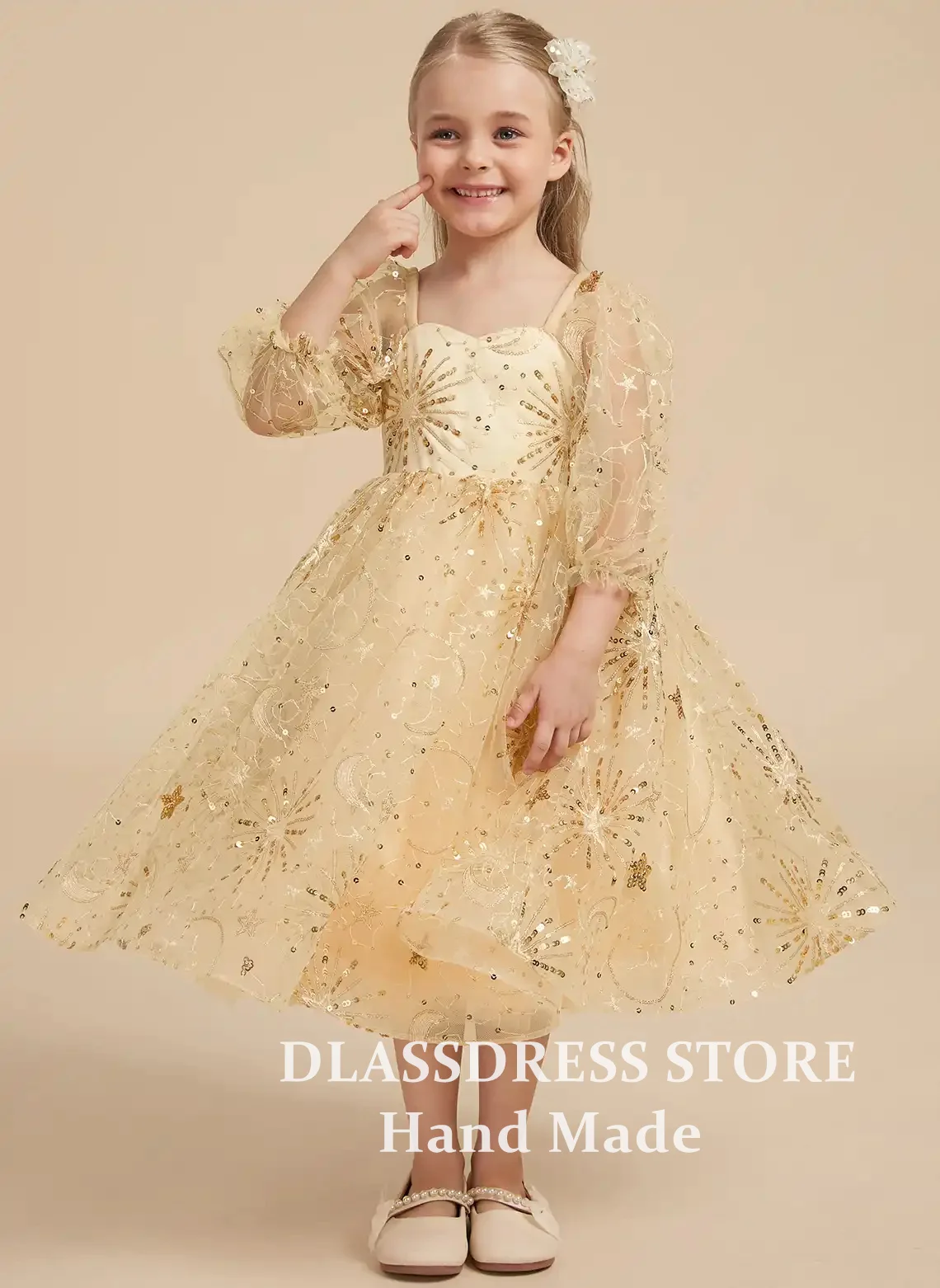 Customized Gold Sequined Beading Flower Girl Dresses Long Sleeves A-Line First Communion Dress Princess Birthday Party Gowns