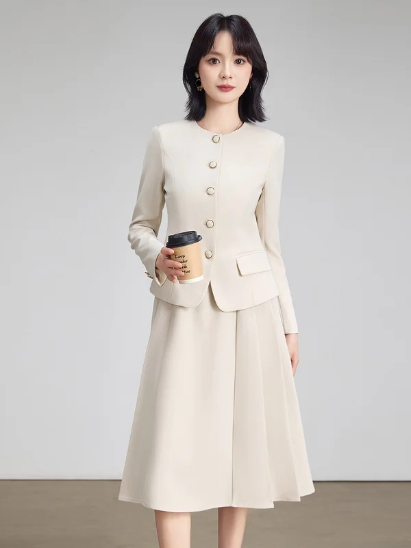Slim Fit Women's Suit Set in Beige for Commuting Business Interviews Casual Occasions High Waist Professional Outfit