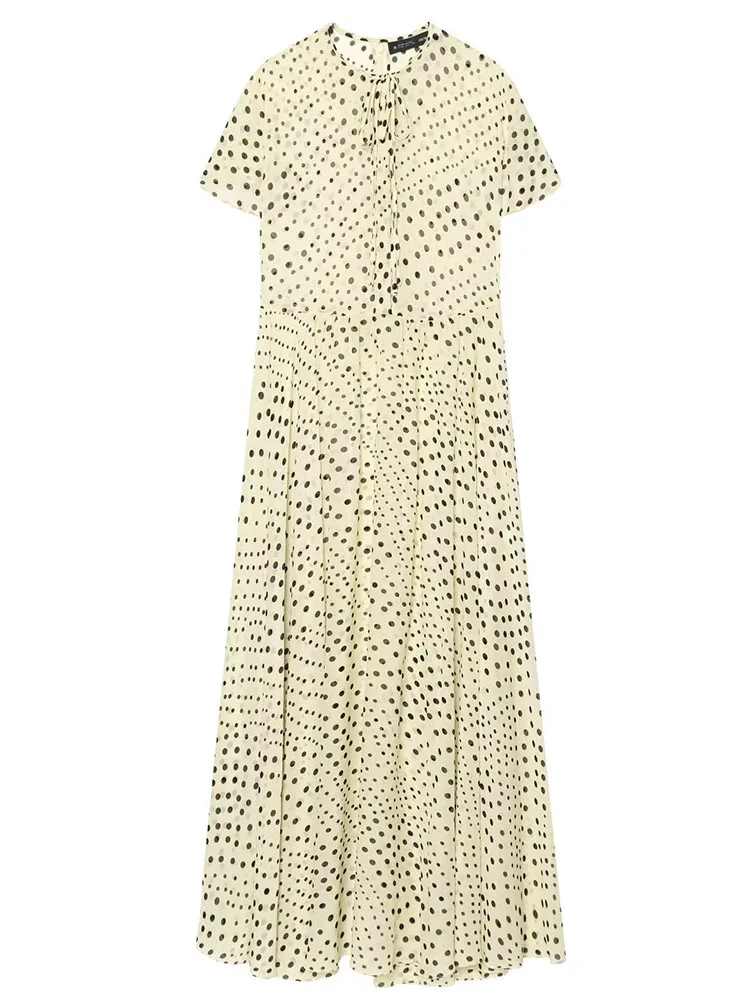 HH Women Summer Vintage Romantic Cream Black Polka Dot Maxi Dress Tie Neck Short Sleeve High Waist Flowy A-Line Long Dress view 3