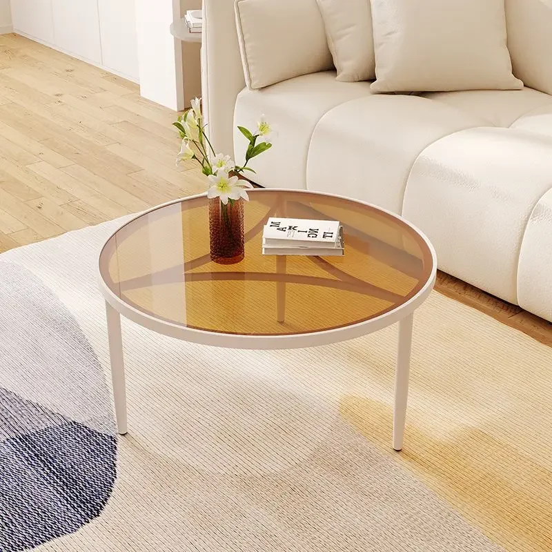 Cream Style Round Coffee Table with Fluted Glass Top, Metal Frame, Minimalist Accent Table for Living Room & Small Spaces