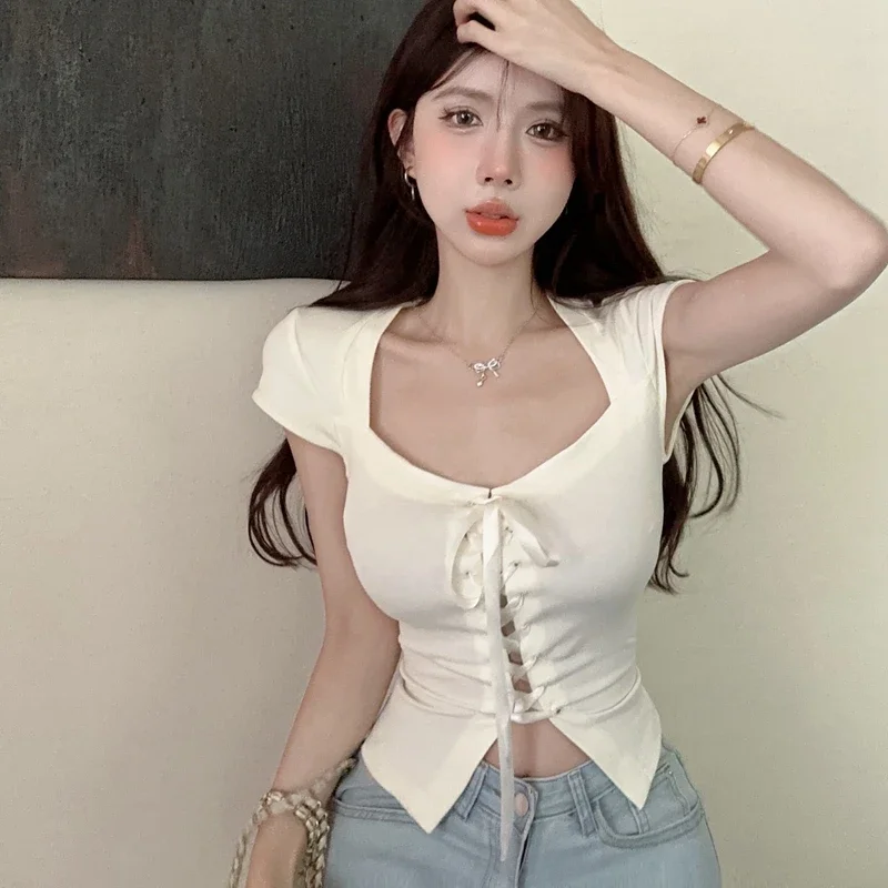 Summer Lace Up Womens Tops and Blouses 2024 Korean Fashion Casual Sexy Blusas Mujer Slim Casual Ins Y2k Corset Crop Top Clothes