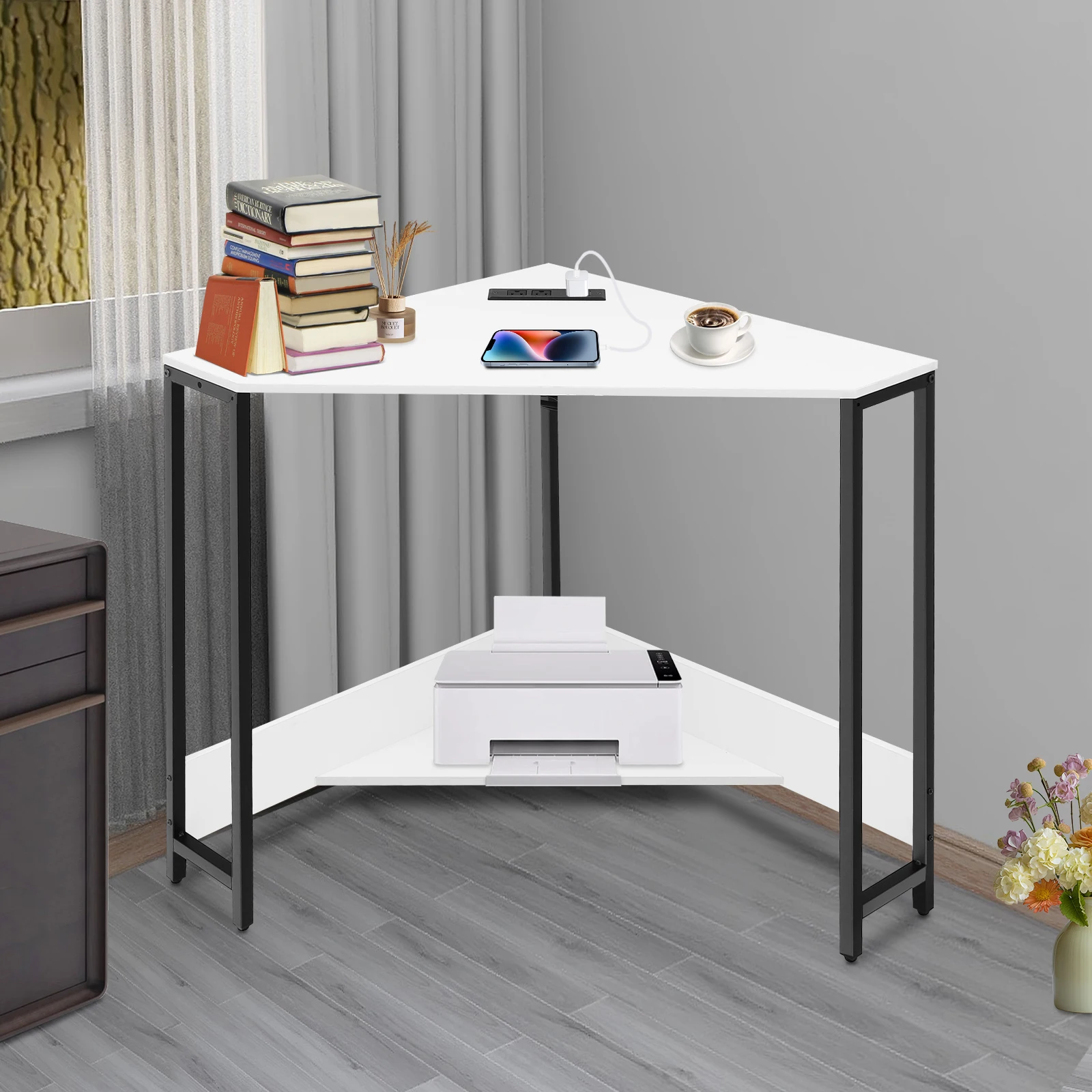 White MDF 68x68x75cm Corner Computer Desk with USB Socket Triangle Desk Home Desk