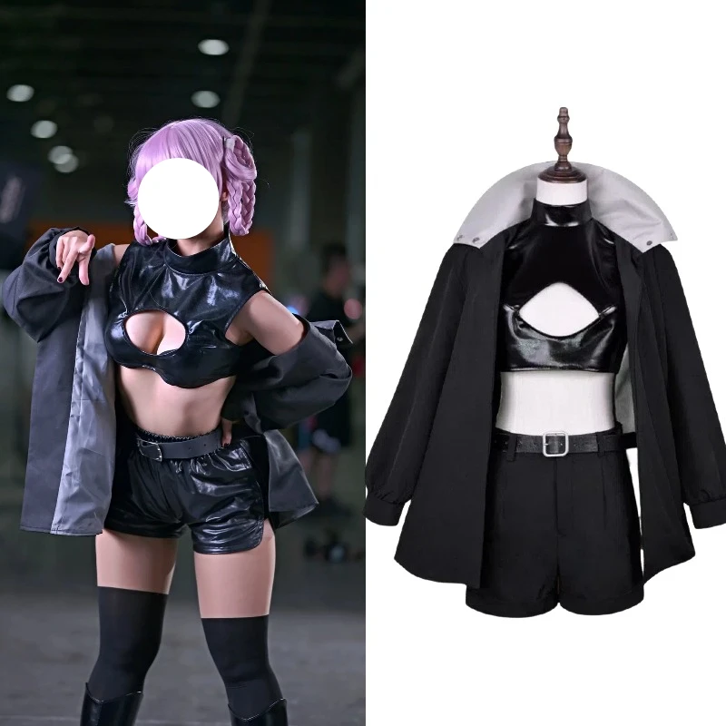 

Anime Nanakusa Nazuna Cosplay Costume Black Top Pants Coat Sexy Clothes Pink Wig Full Set for Women Role Play Outfit Theme Party