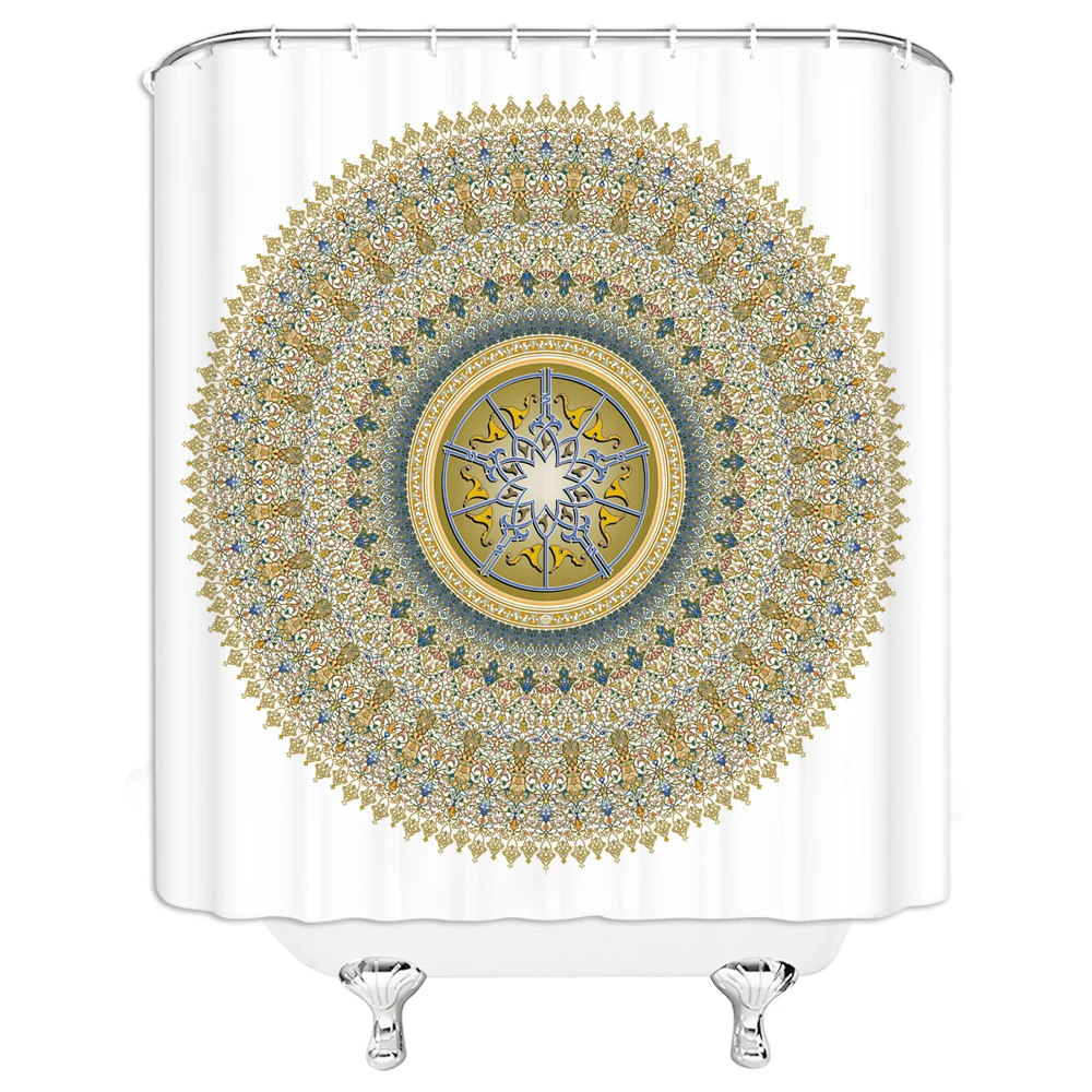 

Round Mandala Shower Curtain Folk Boho Floral Geometric Pattern Bathroom Decor Waterproof Polyester with Hooks Bath Curtains