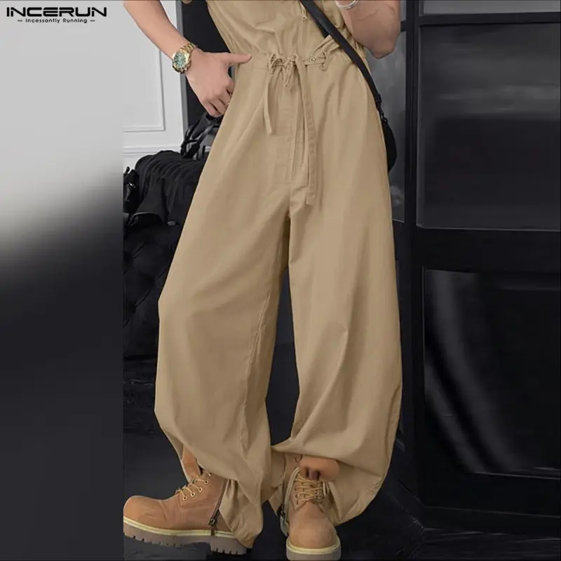 

INCERUN Men Jumpsuits Solid Color Lapel Short Sleeve Zipper Male Rompers Streetwear Lace Up Loose Fashion Casual Overalls Men