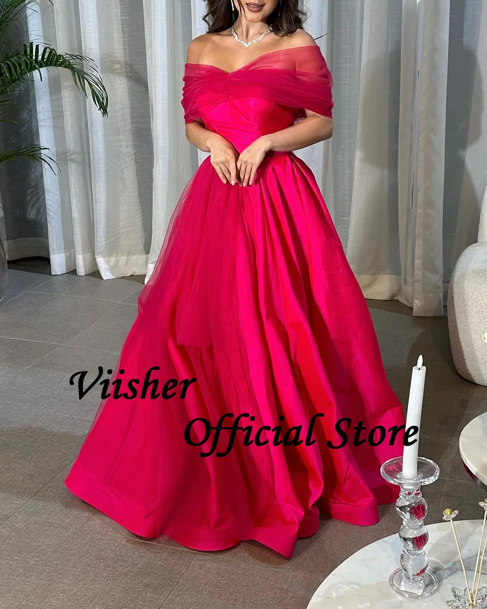 Viisher Hot Pink Off spalla abiti da sera Tulle raso lungo Dubai arabo Prom Party Dress lunghezza del pavimento abiti da sera formali